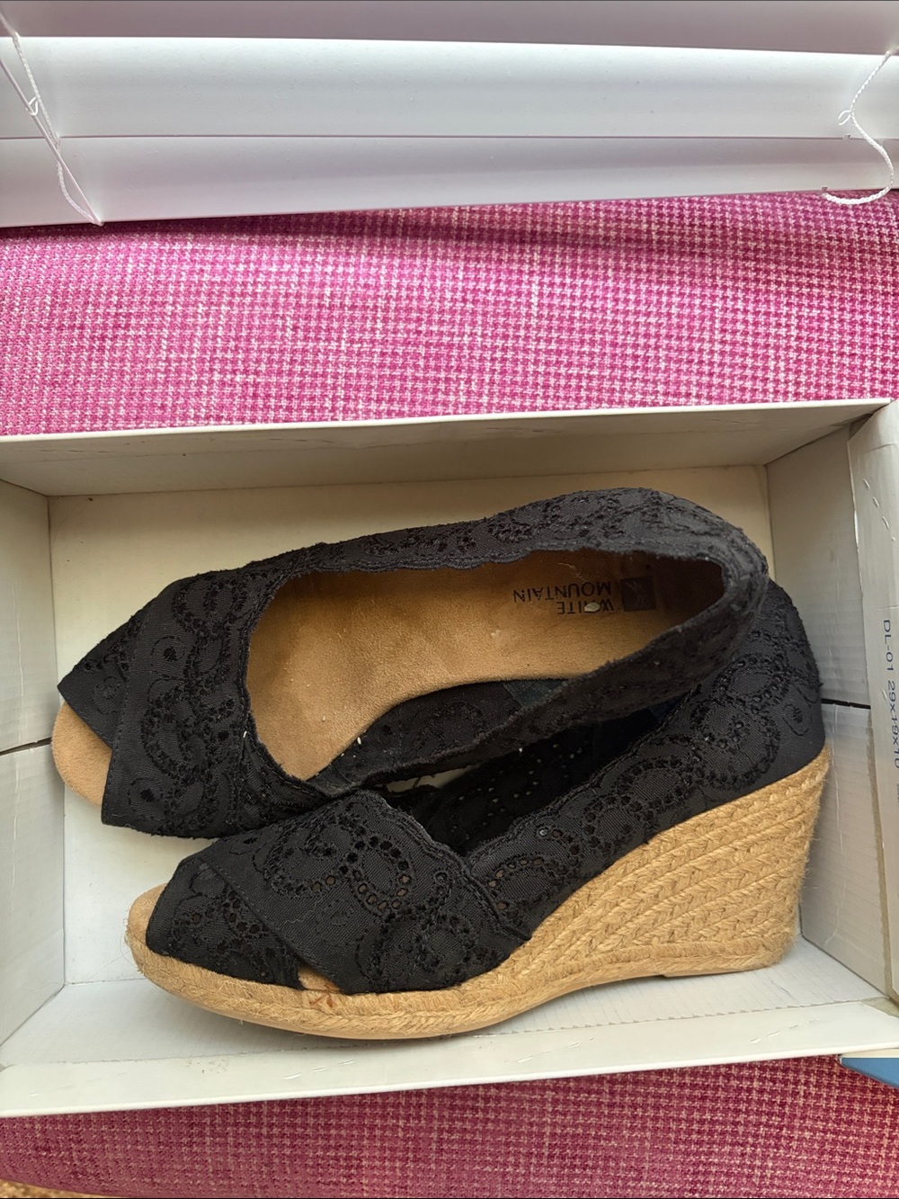 White Mountain Black Lace Espadrille Wedge Peep-Toe